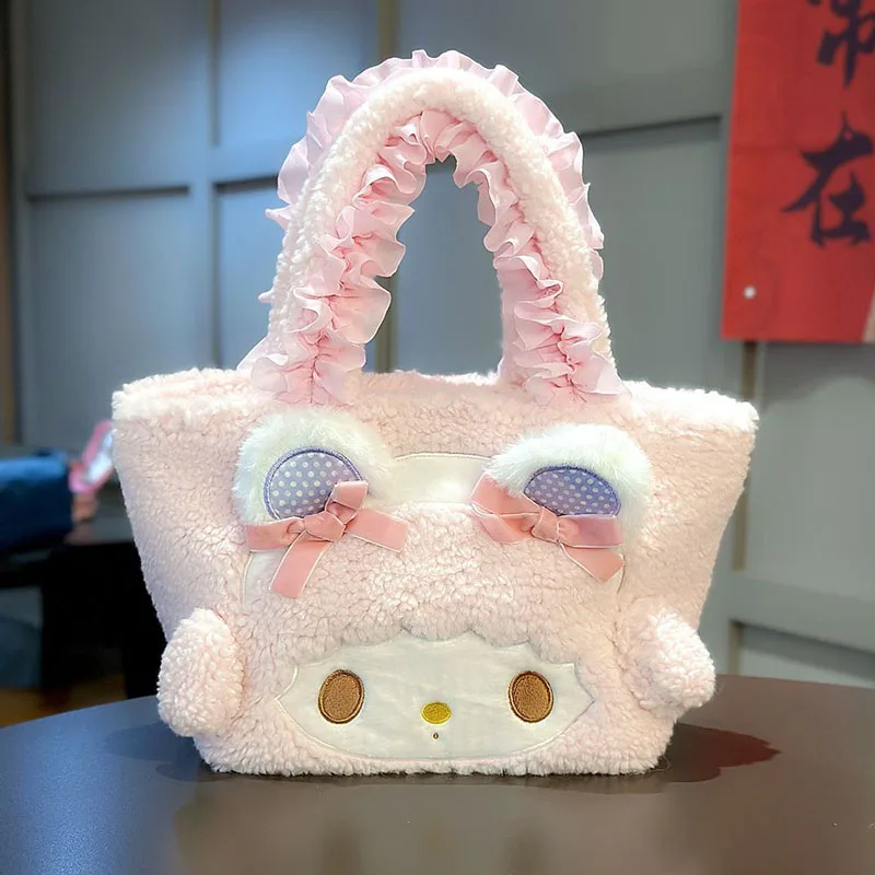Sanrio My Melody Plush Tote Bag Cute Fluffy Handbag with Lace Ruffle Handle Bow Ears Design Large Capacity Shoulder Bag for Girl view 2