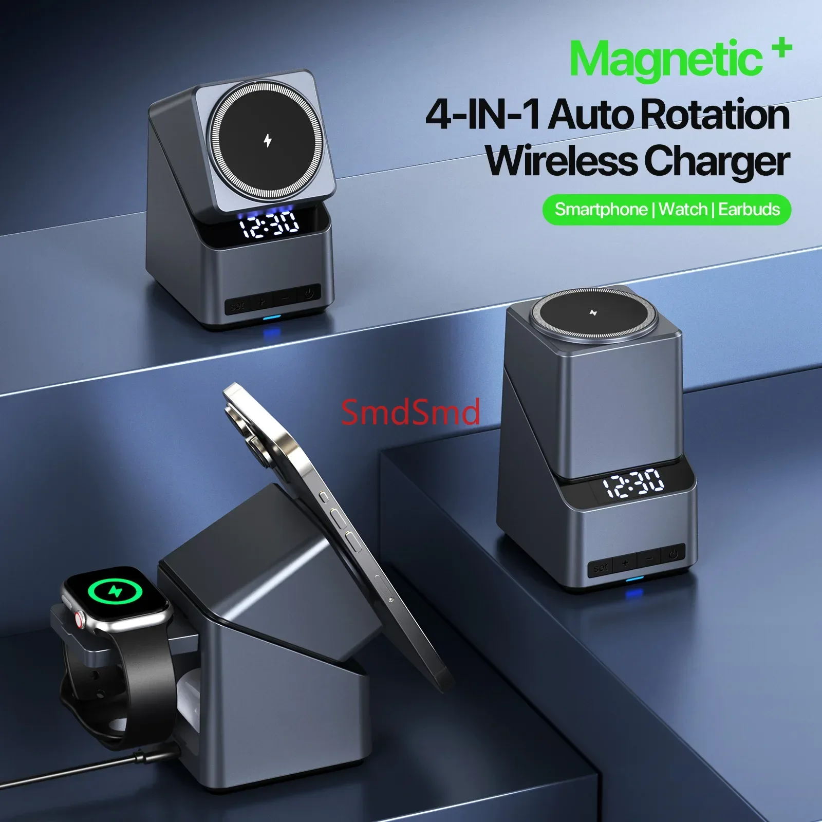 Magnetic 4 in 1 Auto Rotation Wireless Charger Fast Charging Up To 15W for  16 15 14 13 Pro Max, Iwatch, Airpods Pro