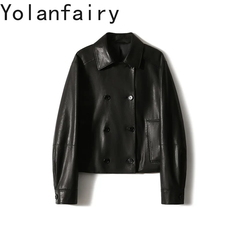 

YOLANFAIRY Новая модная коллекция 2026: Элегантная женская короткая кожаная куртка-тренч из натуральной овчины, двубортная