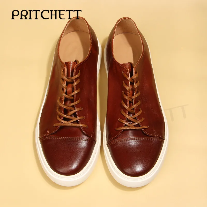 Retro Brown Horse Leather Washed Shoes Leather Casual Lace-Up Trendy Sneakers Fashionable Daily Comfortable Men's Shoes