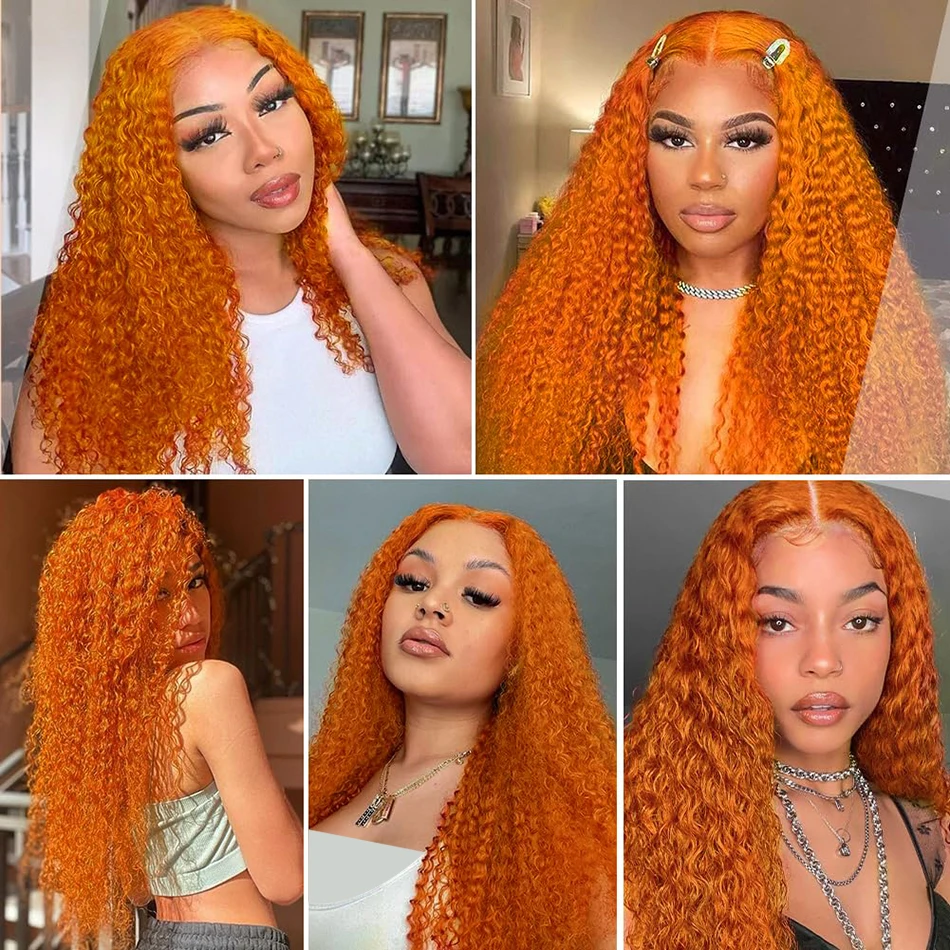 Wiggogo-peluca Frontal de encaje naranja jengibre, cabello humano rizado, 30 pulgadas, onda profunda, 13x4, 13x6, Hd