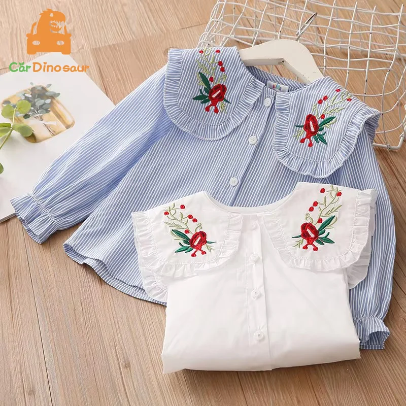 2026 New Spring Autumn 2 3 4 6 8 10 Years Cotton White Blue Striped Embroidery Flower Flare Sleeve Kids Baby Girls Blouse Shirt