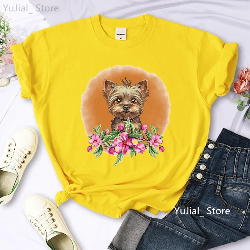 

Kawaii Yorkie Flowers Animal Printed T Shirt Girls Harajuku Shirt Dog Lover Tshirt Femme Summer Fashion Shirt Sleeve T-Shirt