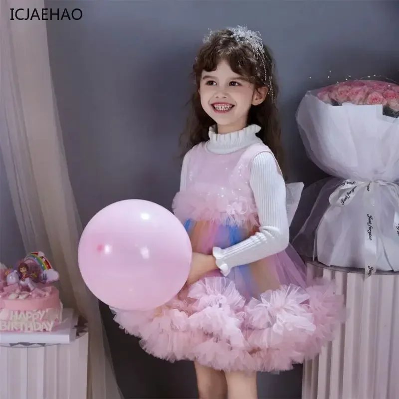 

ICJAEHAO 2024 Gradient Tulle Girl Birthday Party Dress Sleeveless Round Neck Sweet Princess Dresses Children Dance New Frock