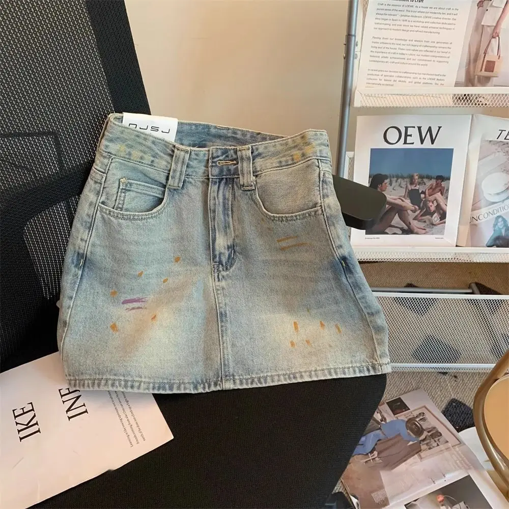 Splash ink to do old washing fashion denim skirt female 2024 summer high waist slim Joker A short skirt