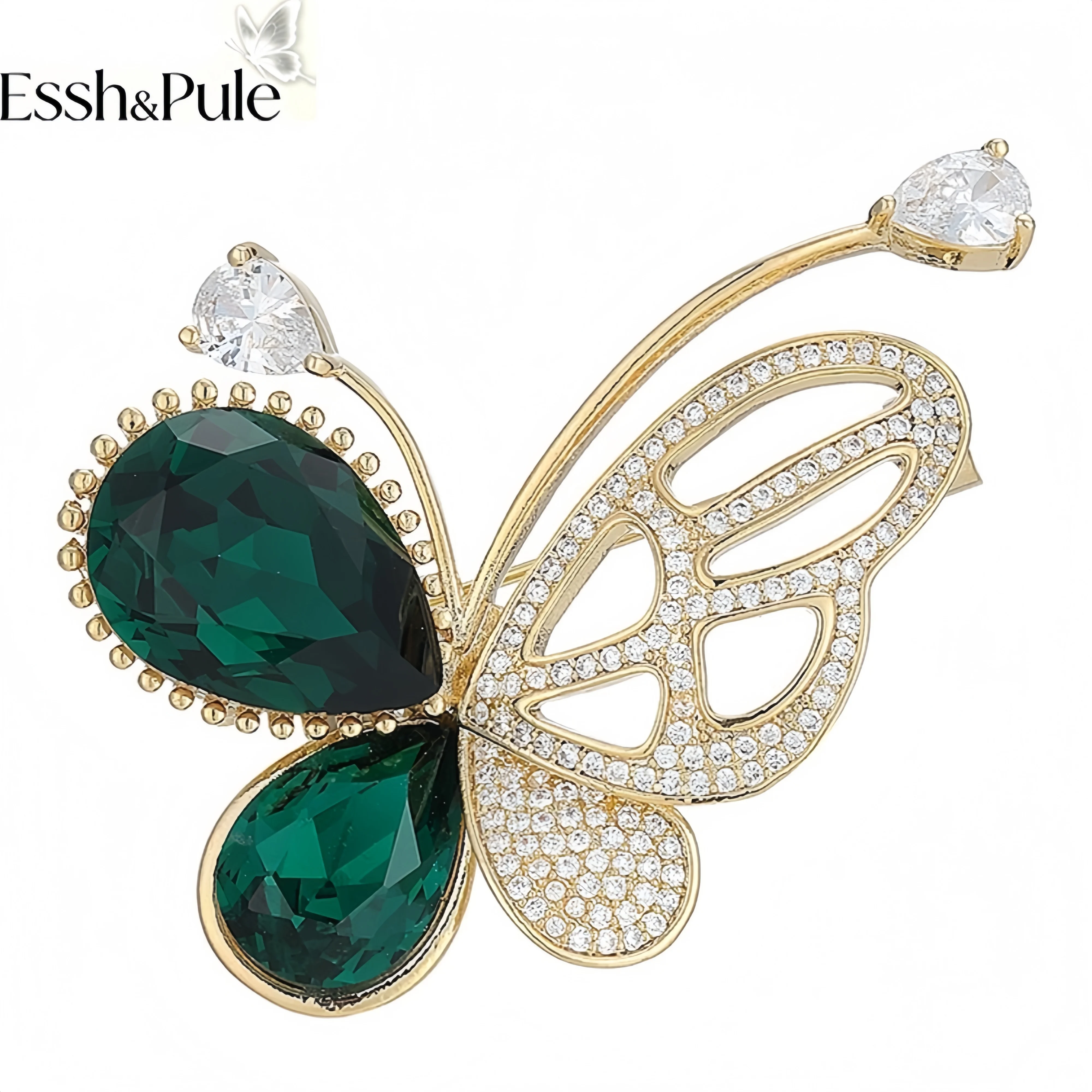 Essh&Pule Luxury Emerald Tone Statement Brooch Sparkling Crystal Rhinestone Ornate Lapel Pin Elegant Women Wedding Coat Jewelry