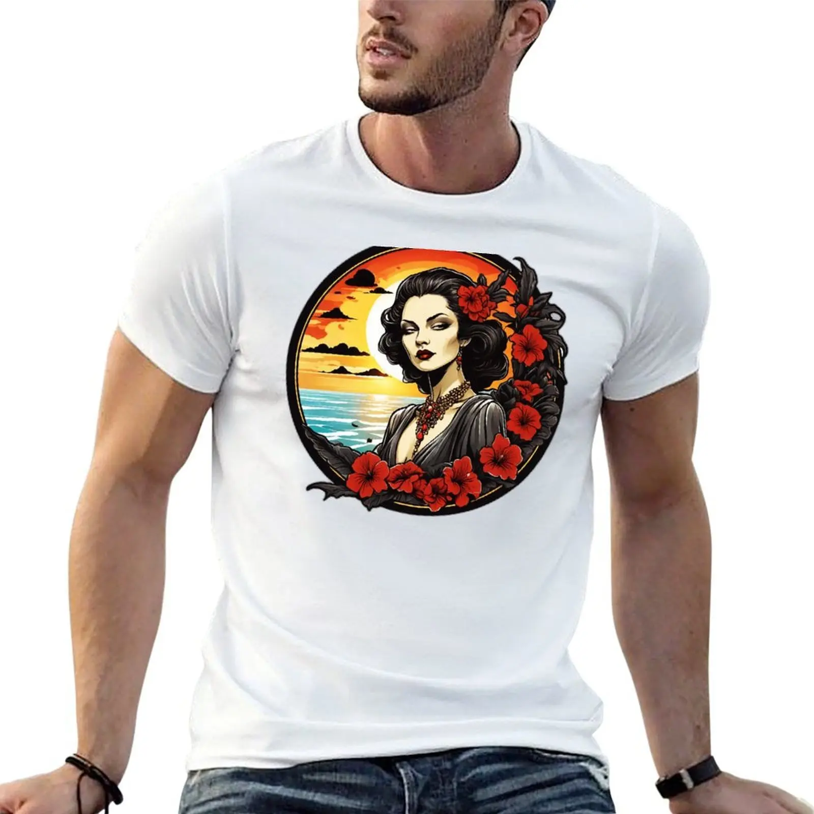 

Elegant and Goth Vampire with Red Lips on a Beach at Sunset T-Shirt t shirts cotton 100% t shirts for man graphic tees T-Shirt