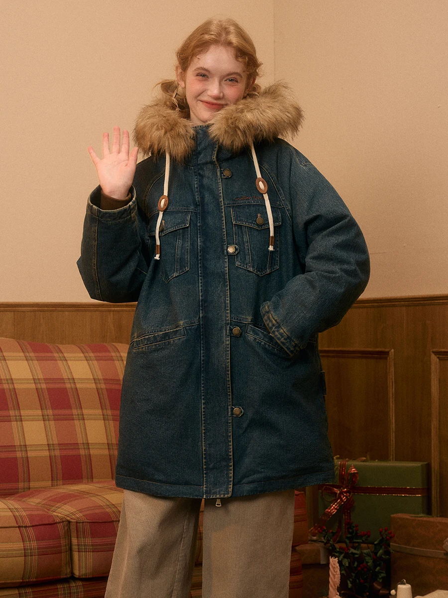 

LOLOL Винтажная джинсовая парка с капюшоном, женская, средней длины, с воротником из овечьей шерсти, пуховик, Зима 2025, Модная повседневная утепленная куртка прямого кроя