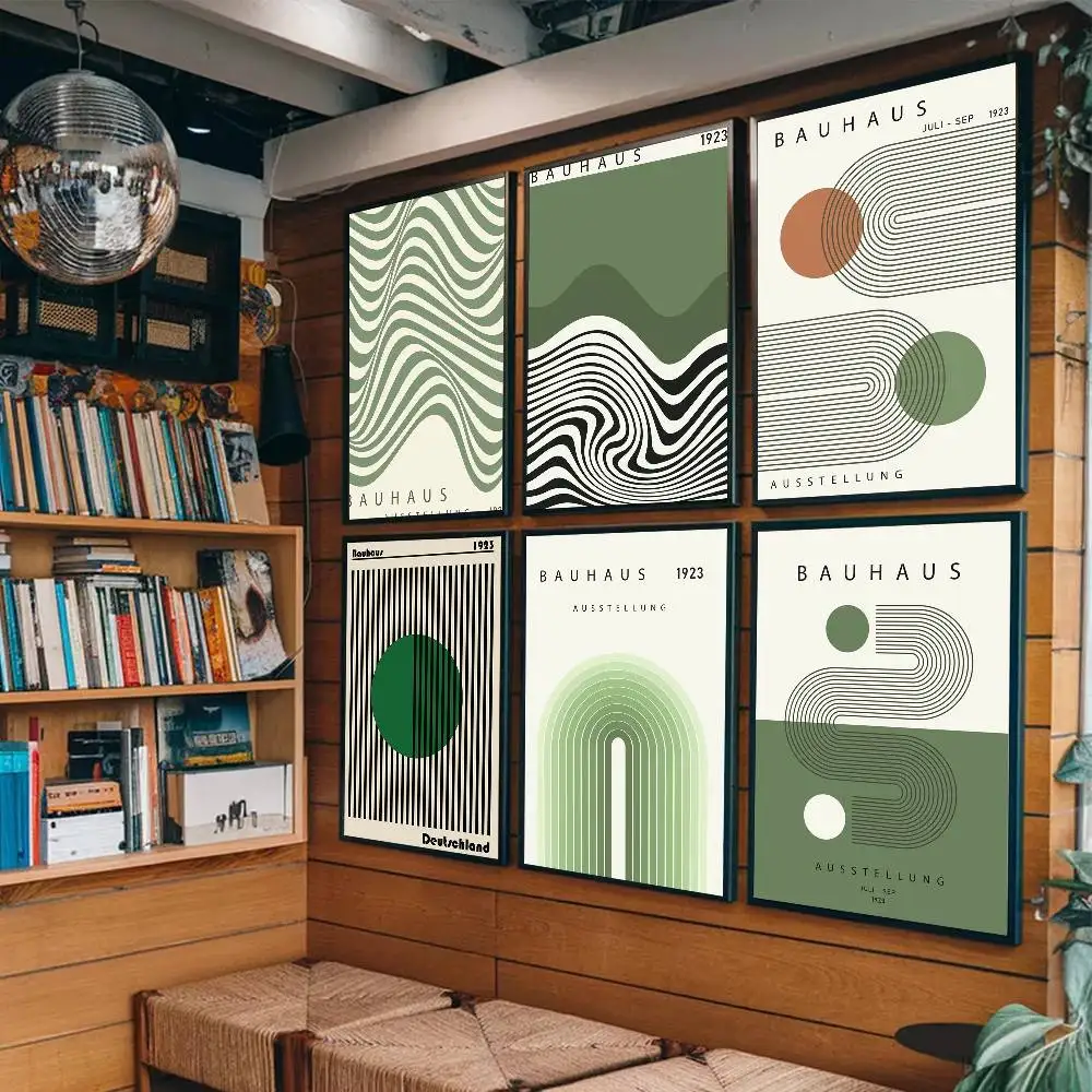 Bauhaus Green  Lines  posters Self-adhesive Paper Print Home Living Room Bedroom Entrance Bar Cafe Art