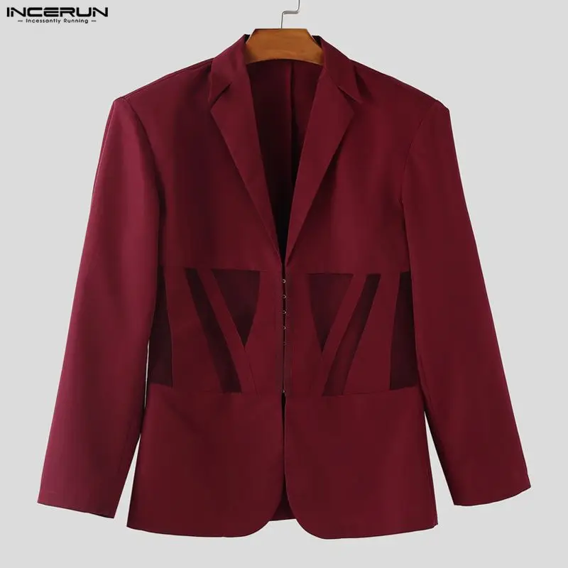 

INCERUN Men Blazer Solid Color Lapel Long Sleeve Hollow Out Casual Suit Men Streetwear Button Sexy Fashion Male Thin Coats S-3XL