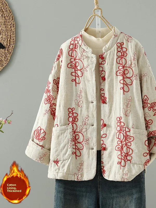 

Thiened Cotton Linen Embroidered Jaet Women's Retro Sle Floral Patterned Coat Stand Collar Long Sve Winter Outerwear