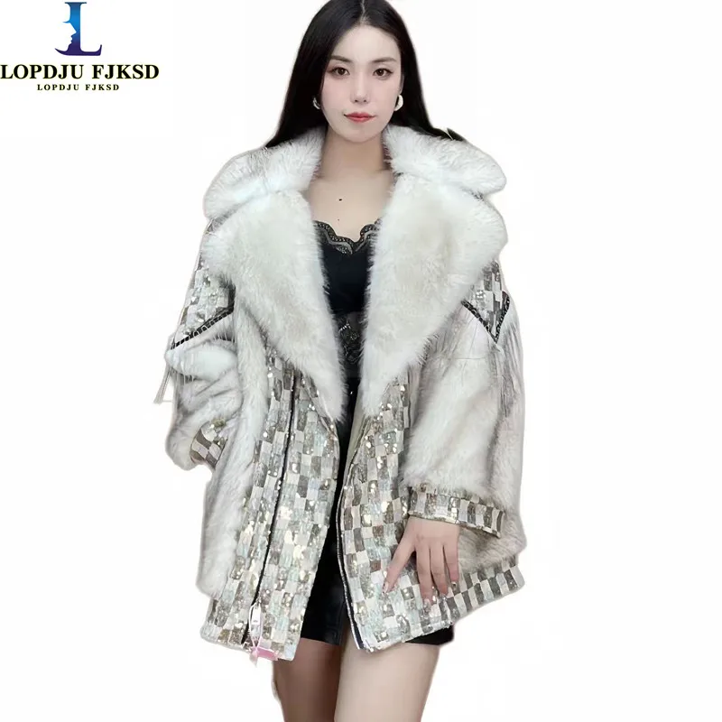 Women\'s Winter Faux Lamb Fur Coats, Sequins Spliced Long Jacket, Loose Thicken Warm Clothes, High Quality, Promotion, New, 2023