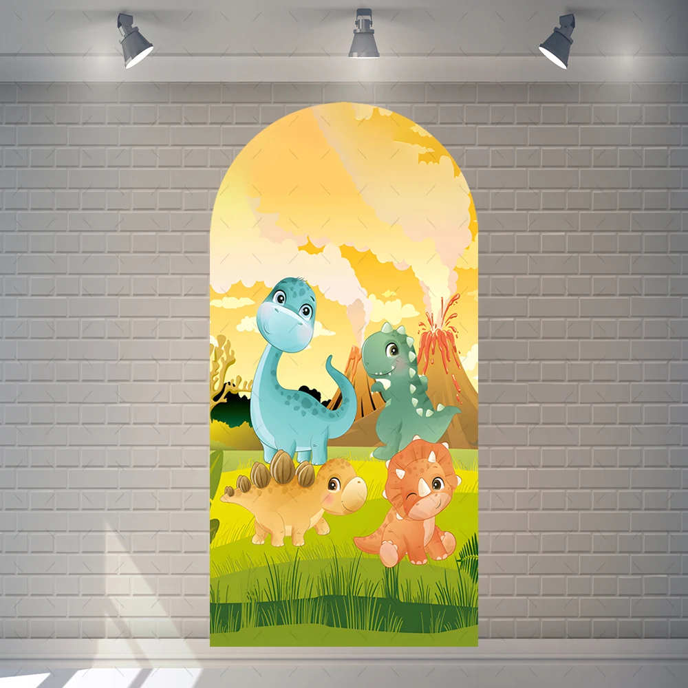 Cartoon Dinosaur Background Arched Custom Kids Happy Birthday Decoration Background Baby Family Party Photography Backdrop Props