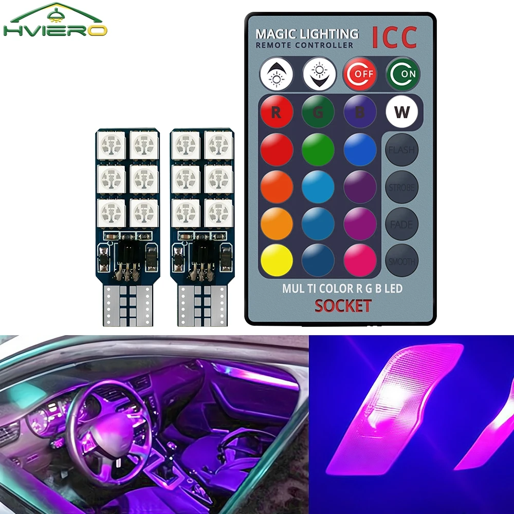 

2X Auto Interior Decoration LED T10 W5W Atmosphere Car Light RGB Remote Controller Colorful Reading Door Side Marker Tail Backup