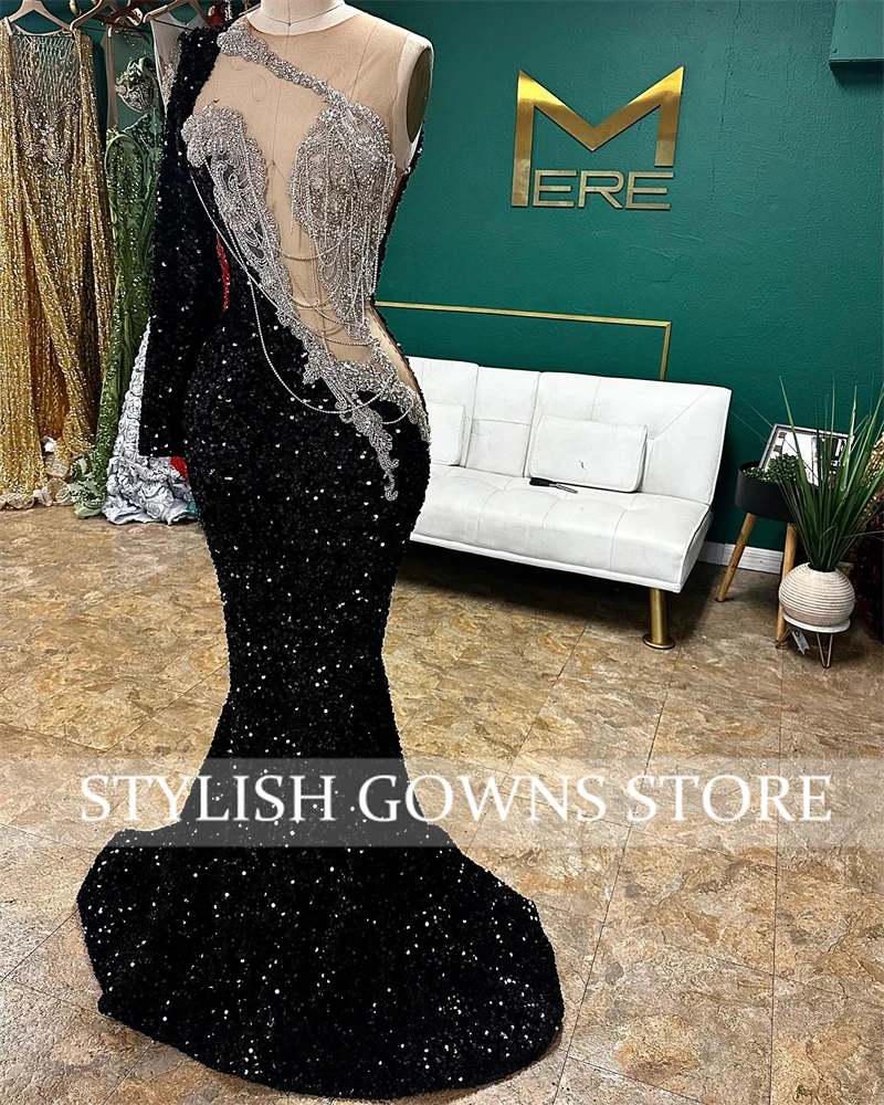 O N Long Prom Dress Black Girls 2024 Sparkly Beaded Tassel Birthday Party Dresses Sequined Evening Gowns Robe De Bal Customized