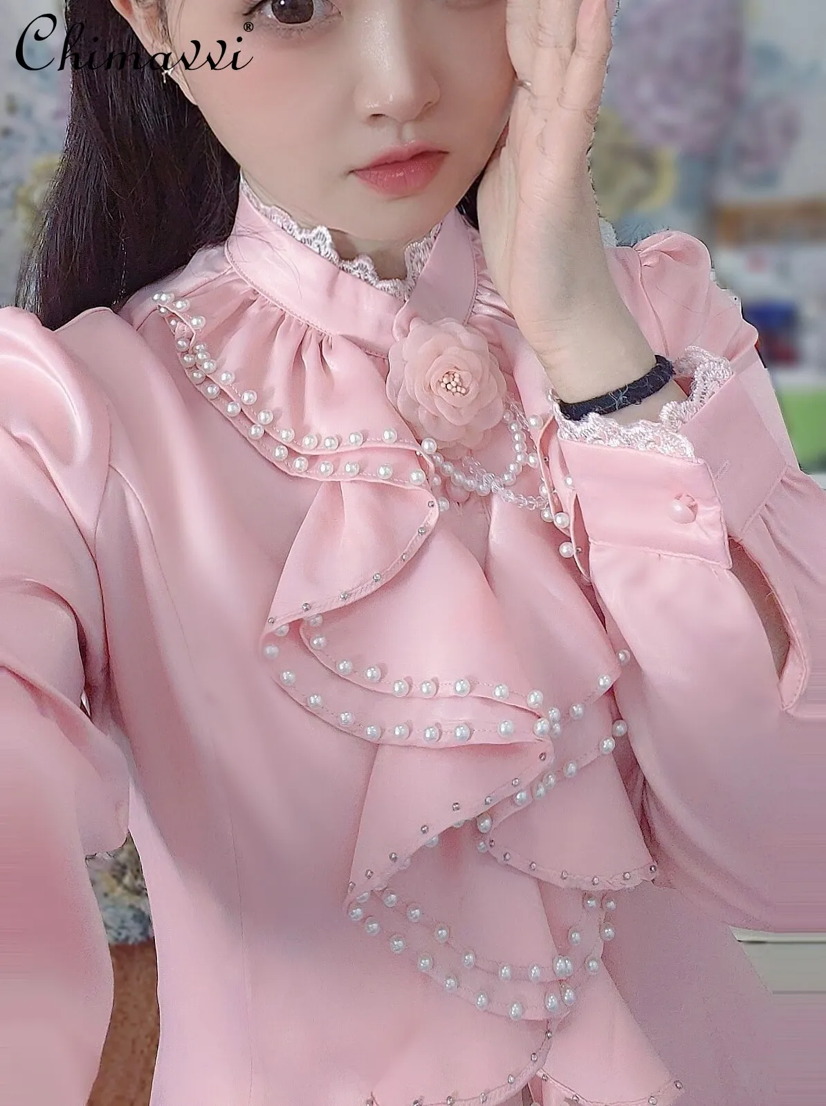 Sweet Fashion Pearl Ruffled Pearl Collar Flower Shirt 2024 Summer Clothes New Slim-Fit Long Sleeve Elegant Blouse Women Tops