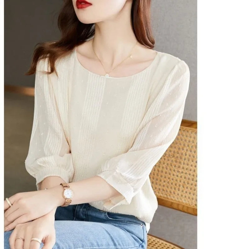 Round Neck Three Quarter Summer Women's Pullover Solid Color Paisley Sweet T-shirt Casual Loose Elegant Fashion All-match Tops