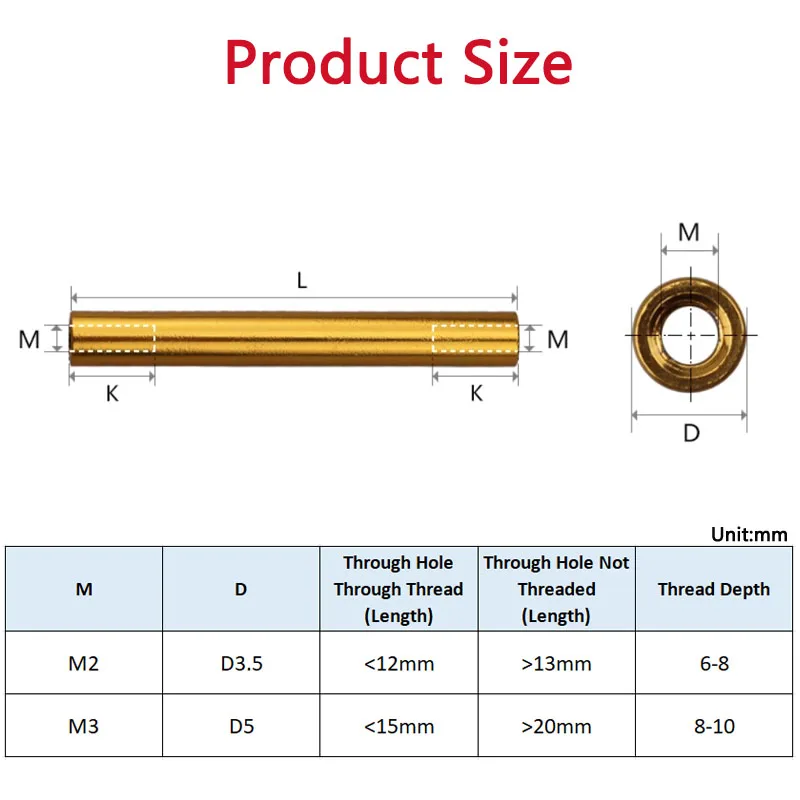 1/5pcs M2 M3 Round Aluminum Standoff Column Rod Spacer Long Nut Spacing Screw Anodized Golden Length 6-60mm Female Thread