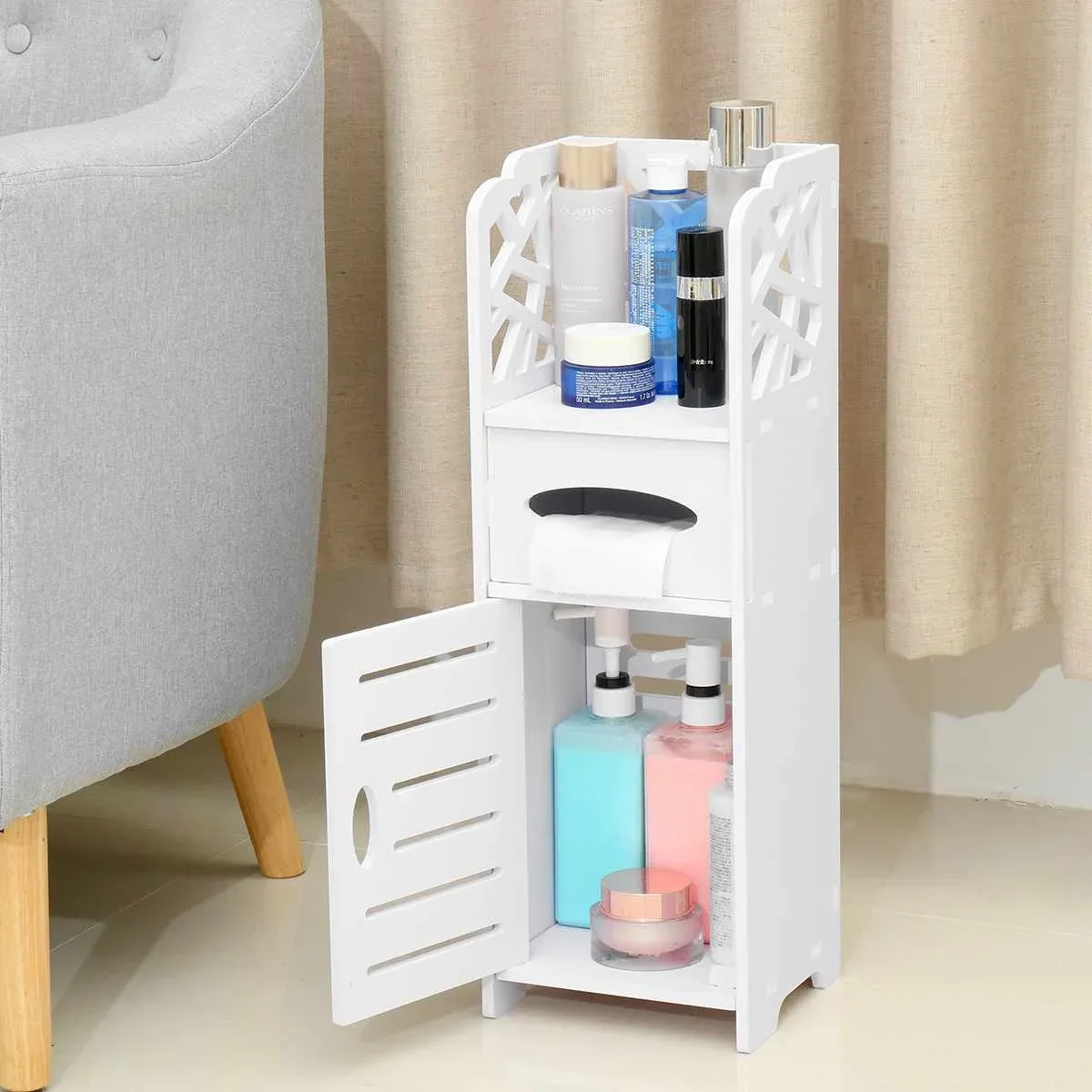 

Bathroom Cabinet 60x18x22CM Bathroom Toilet Furniture Cabinet White Wood Board Cupboard Shelf Tissue Storage Rack Tool Durable