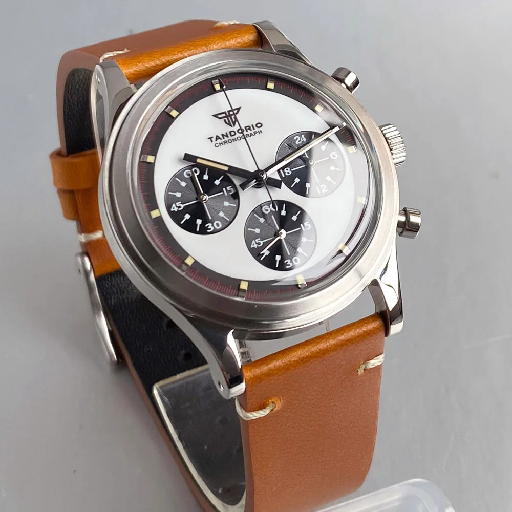 Luxury 38mm Tandorio Chronograph Quartz Men Watch VK63 Domed Glass Retro Business Clock Push Pull Crown