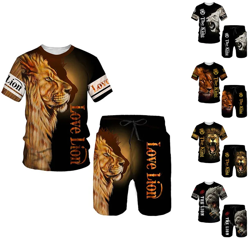 Camiseta de manga curta impressa 3D Tiger Lion, fato de treino casual extragrande, roupa esportiva moderna, conjunto de 2 peças, verão