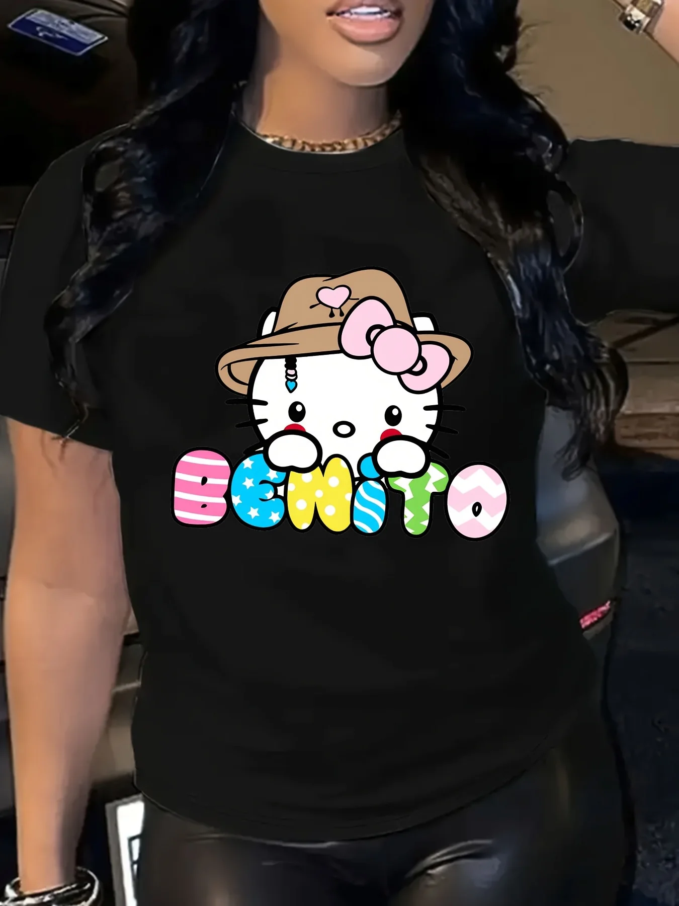 

Women's Sanrio Hello Kitty Black T-Shirt - Cute Hello Kitty Graphic Tee, Soft Everyday Casual Shirt for Sanrio Fans & Collectors