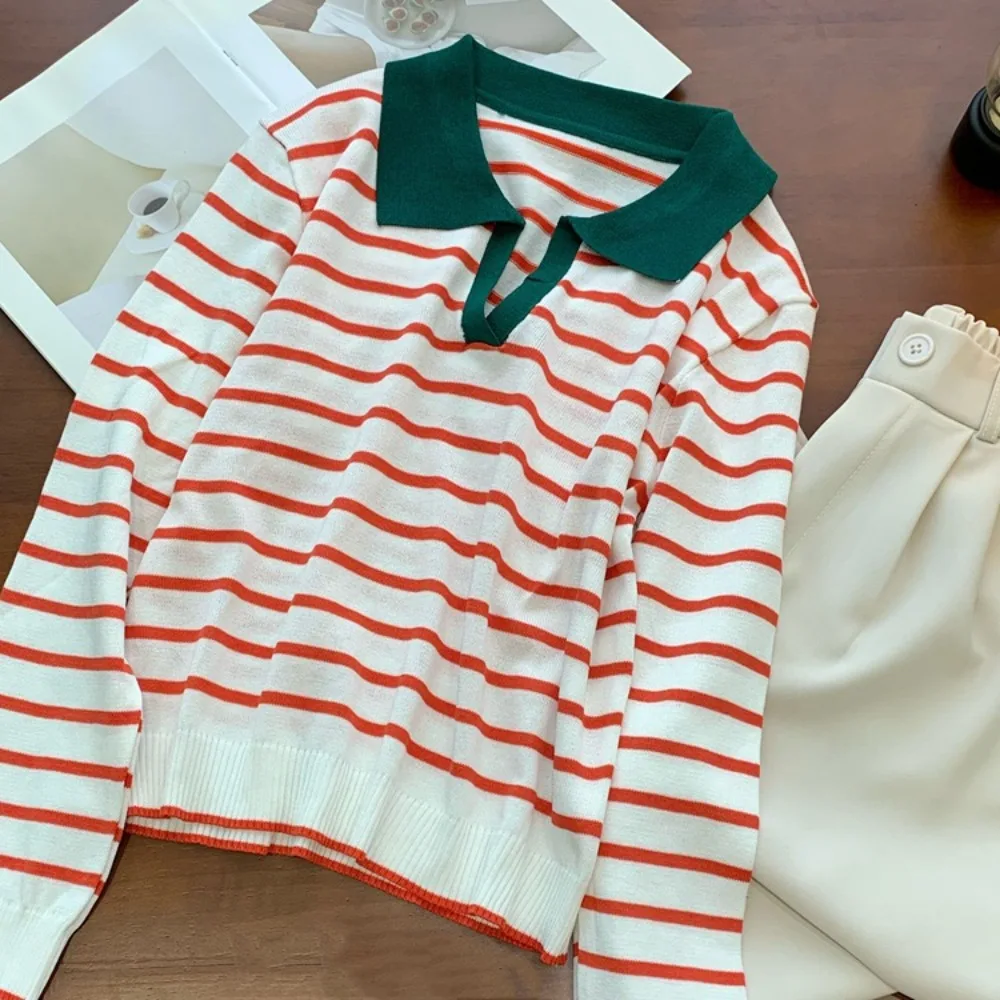 

Simple V-neck Stripe Long Sleeve Top Slim Fit Lapel Y2k Patchwork Knitwear Pullover Thin Stripe T-Shirt Autumn Spring