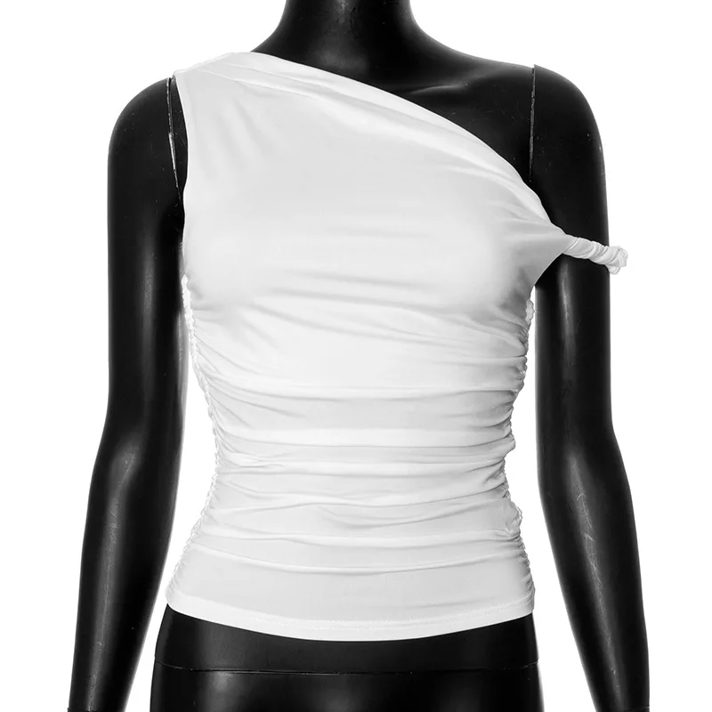 2025 New Streetwear Women'S Summer Shrink Pleated One-Shoulder Crop Top Sexy Slim  Backless Twist Tie Asymmetric Casual T-Shirts