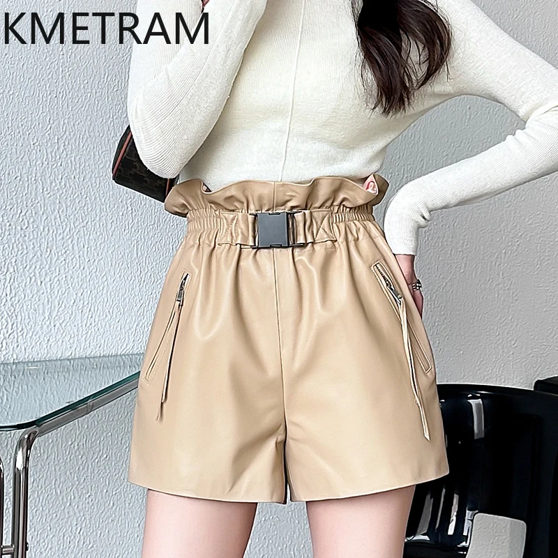 

KMETRAM Top Layer Sheepskin Real Leather Shorts Autumn Winter Thin Women's Shorts Elastic Waist Trousers Wide-leg Shorts 2024