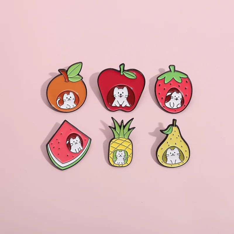 Cute Strawberry Fruits Enamel Brooch Pear Peach Strawberry Avocado Bitter Melon Cucumber Metal Badge Punk Cat Lapel Pins Jewelry