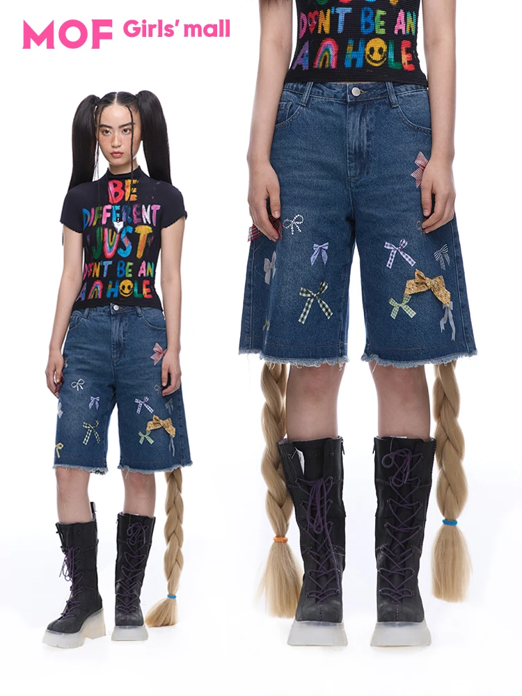 

MOF Girl Deep Blue Knot Print Denim Straight Leg Shorts American Retro Music Festival Hot Pants High Waist Cotton Z...
