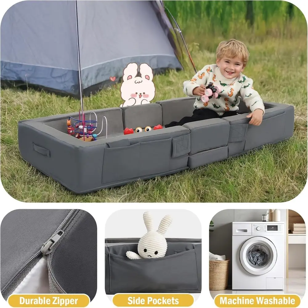 Draagbaar peuterbed van zacht schuim - opvouwbaar, wasbaar, met veiligheidsrails, ideaal voor reizen en thuis, grijs