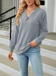 Plus Size Casual T-shirt Women's Plus Solid jacquard Long Sleeve VNeck Button Decor Top