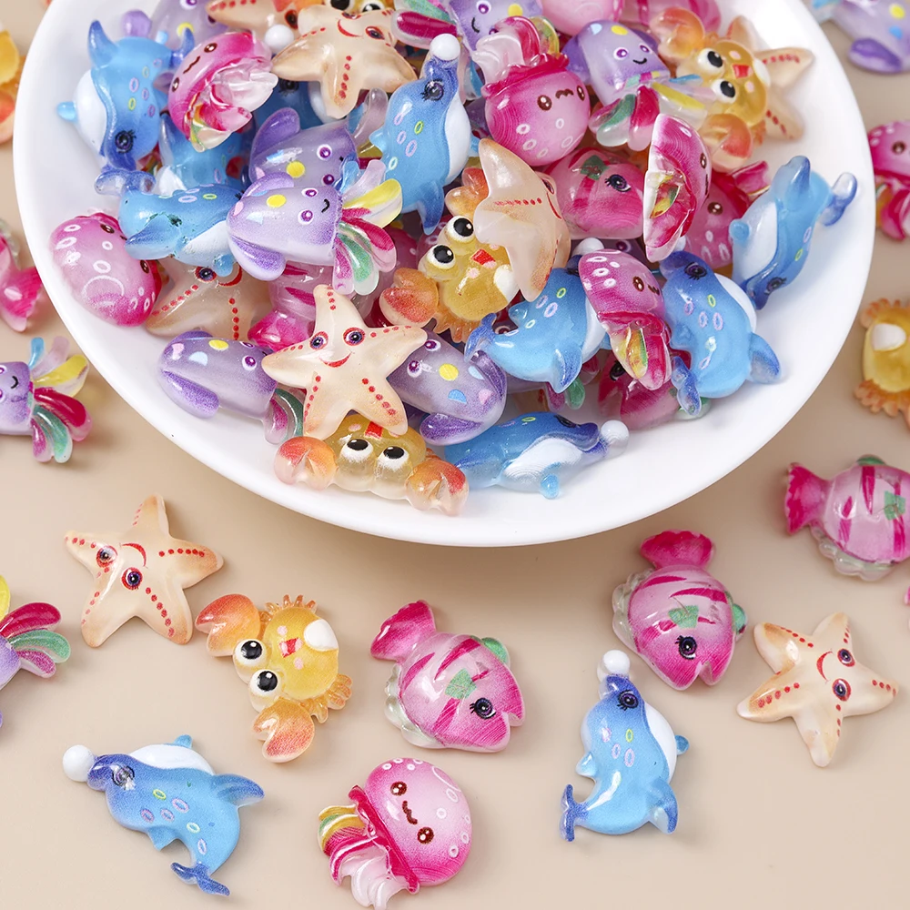 Leslie 15 Stücke Neue Nette Charms Harz Seestern Fisch Krabbe Wal Tintenfisch Flache Rückseite Cabochon Für DIY Telefon Fall Nail art Zubehör – Detail 4
