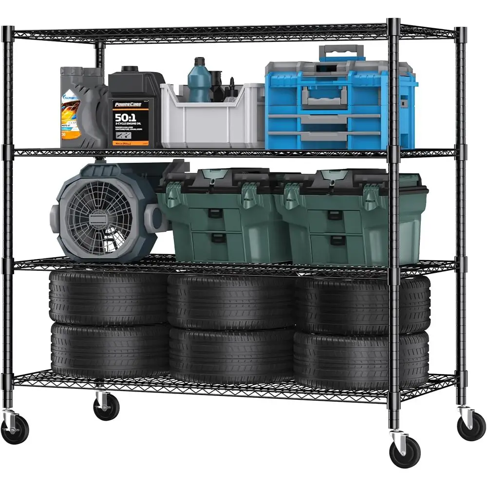 Himimi 4 Tier Wire Shelving with Wheels Heavy Duty Height Adjustable Metal Shelves or Storage, Commercial Grade Steel Utility Wi