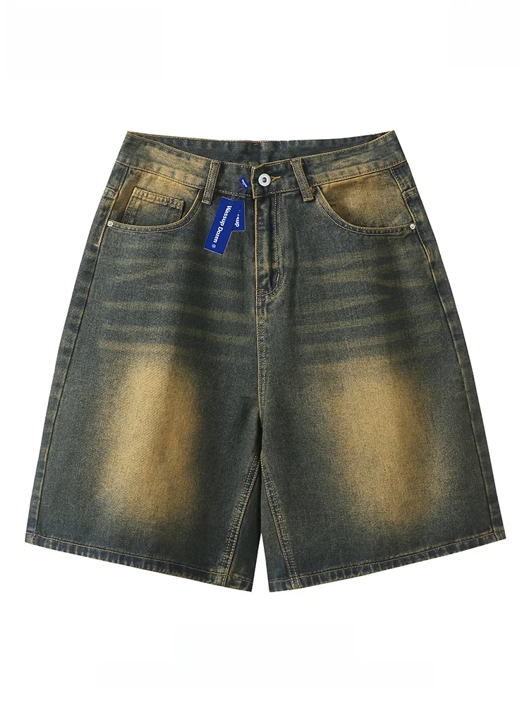 

Wassup Dozen American Retro Washed Denim Shorts Loose Straight Five-Quarter Mid-Pants Youthful Trendy Cotton Blend Summer Wear