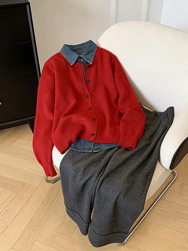 

plus Size Neck Denim Patchwork Sweater Set Women's Fashion Spring Casual Style Long Sleeve Button up Cardigan Two-Piece Set