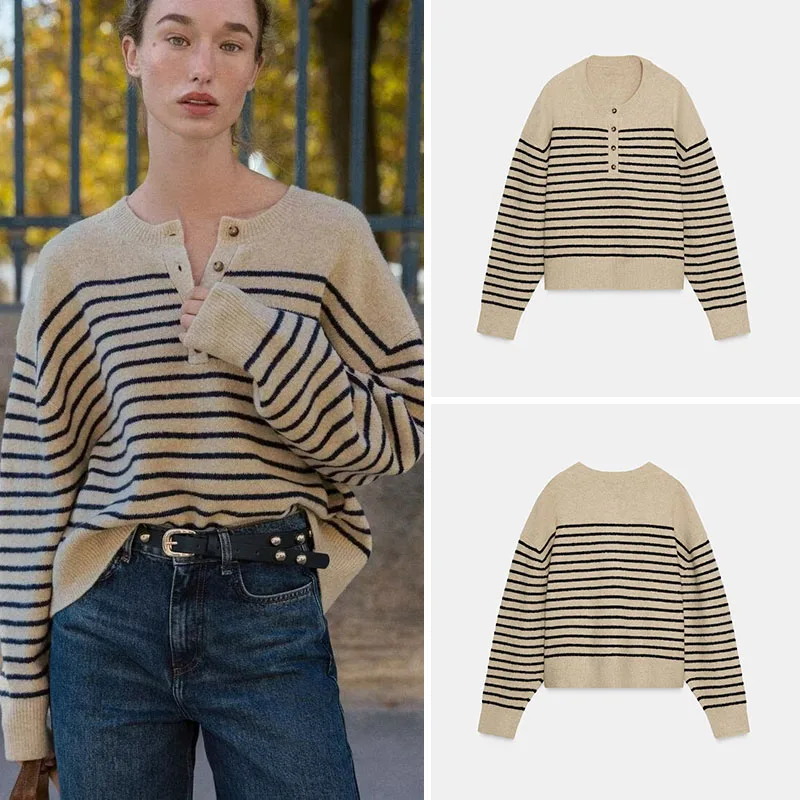 

New Autumn Women's round Ne Casual Striped Knitwear Simple Sle Long Sve Regular Fit Button up Girl's Knitted Top