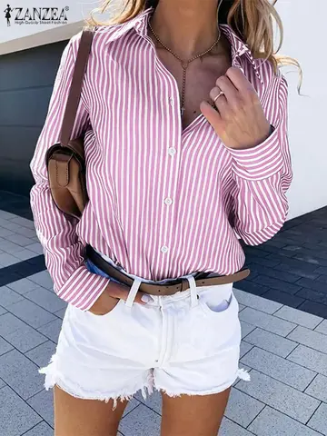 ZANZEA Women Striped Shirts Plus Size Casual Long Sleeve Button Up Collared Tops Autumn Fashion Woman Clothes Commuting Wear 5XL