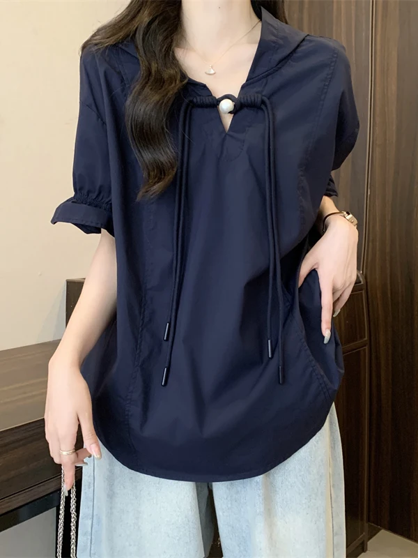 Faionable Large Size Button up Hoodie ort Sve irt New Chinese Sle 2024 Summer New Arrival Women's Casual irt