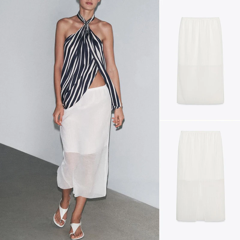 Spring Summer New Women's Midi Skirt Transparent White Rayon Blend High Waist Slit Long Straight Cut Stand Fit  Color