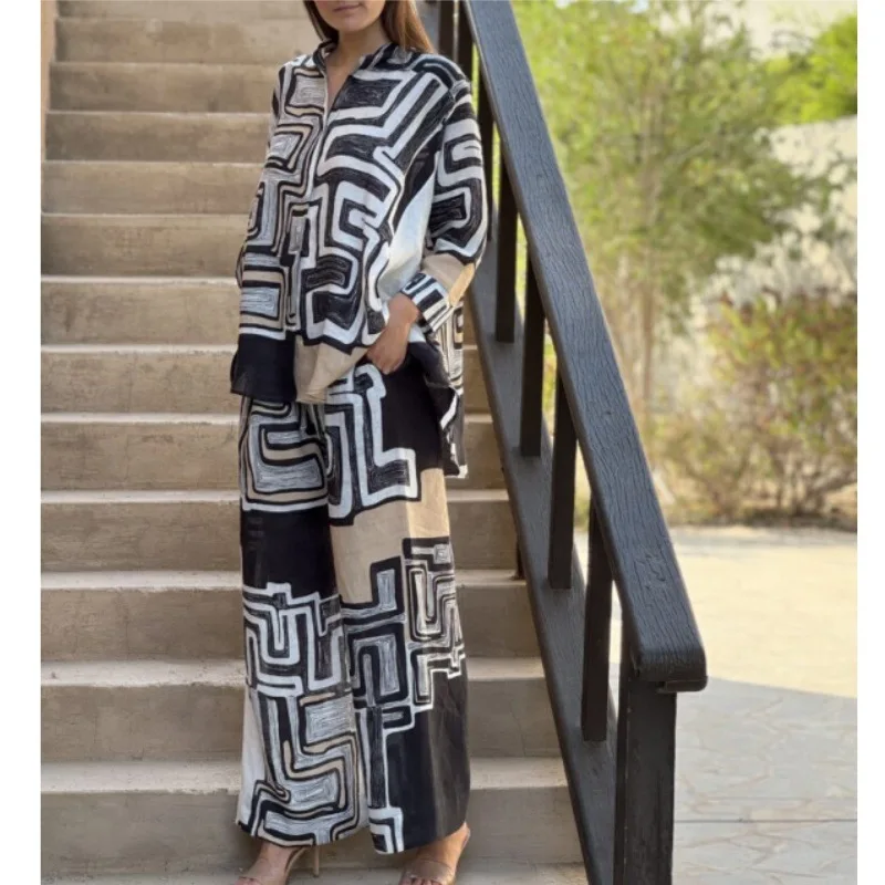 

2025 New Suit Women 2-piece Set Elegant Printed Top Lapel Wide Leg Pants Set Loose Fashionable Casual Cotton Linen Set