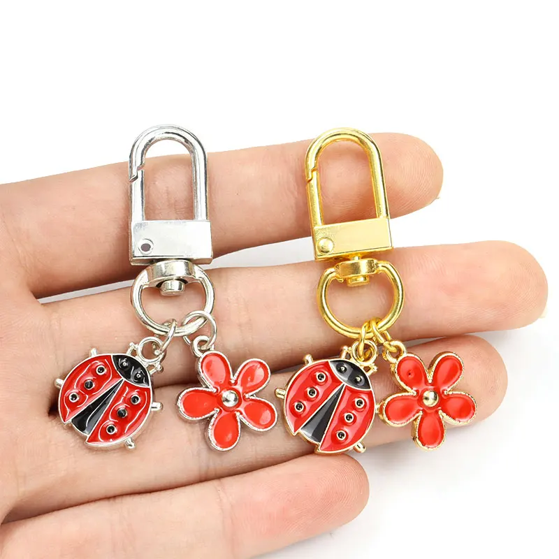 Cute Red Ladybug Flower Enamel Keychain Insect Pendant Alloy Keyring Earphone Case Protective Cover Bag Charm Key Holder Jewelry