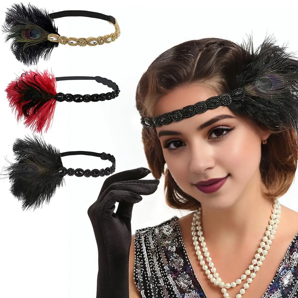 Feather Headband Vintage 1920s Black Rhinestone Headband for Women Gatsby Party Hair Band with Feather Flapper Prom Headpiece