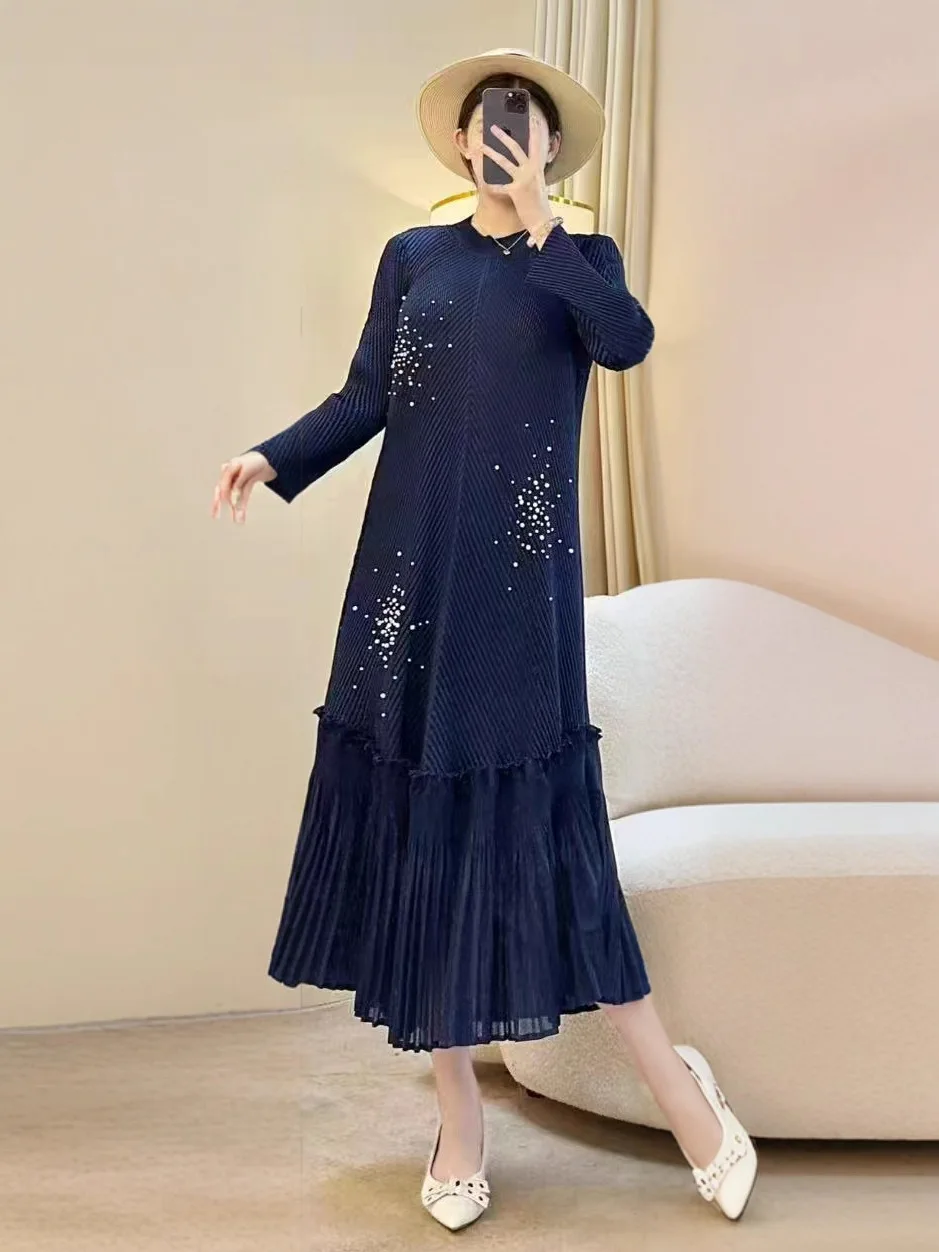 ミヤケ 蓮の葉ドレス ペンデュラムプレート フラワースリーブ 立体花飾り プリーツ Aライン ビーズデザイン ロングドレス