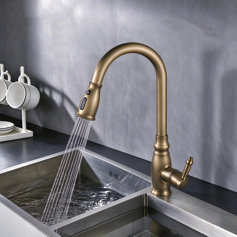 Kitchen Faucet Sink Tap Single Lever Hot and Cold Water Faucet Brass Tap Pull Out Sink Mixer Antique Chrome