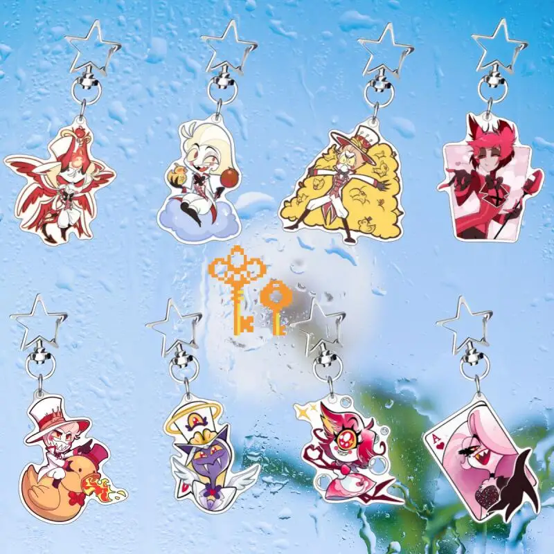 

Anime Cartoons Acrylic Key Buckle for Hazbin Hotel Alastor Niffty Vaggie Lucifer Morningstar Chibi Version Car Key Pendant