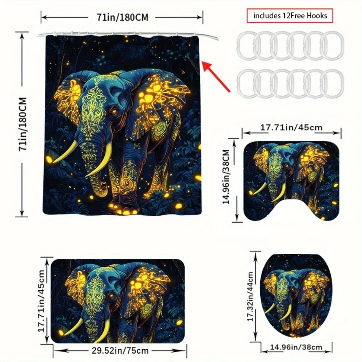 4pcs Stylish Elephant Design Shower Curtain and Non-Slip Bath Mat Set - Vibrant Blue & Golden Abstract Art, Perfect for Mod
