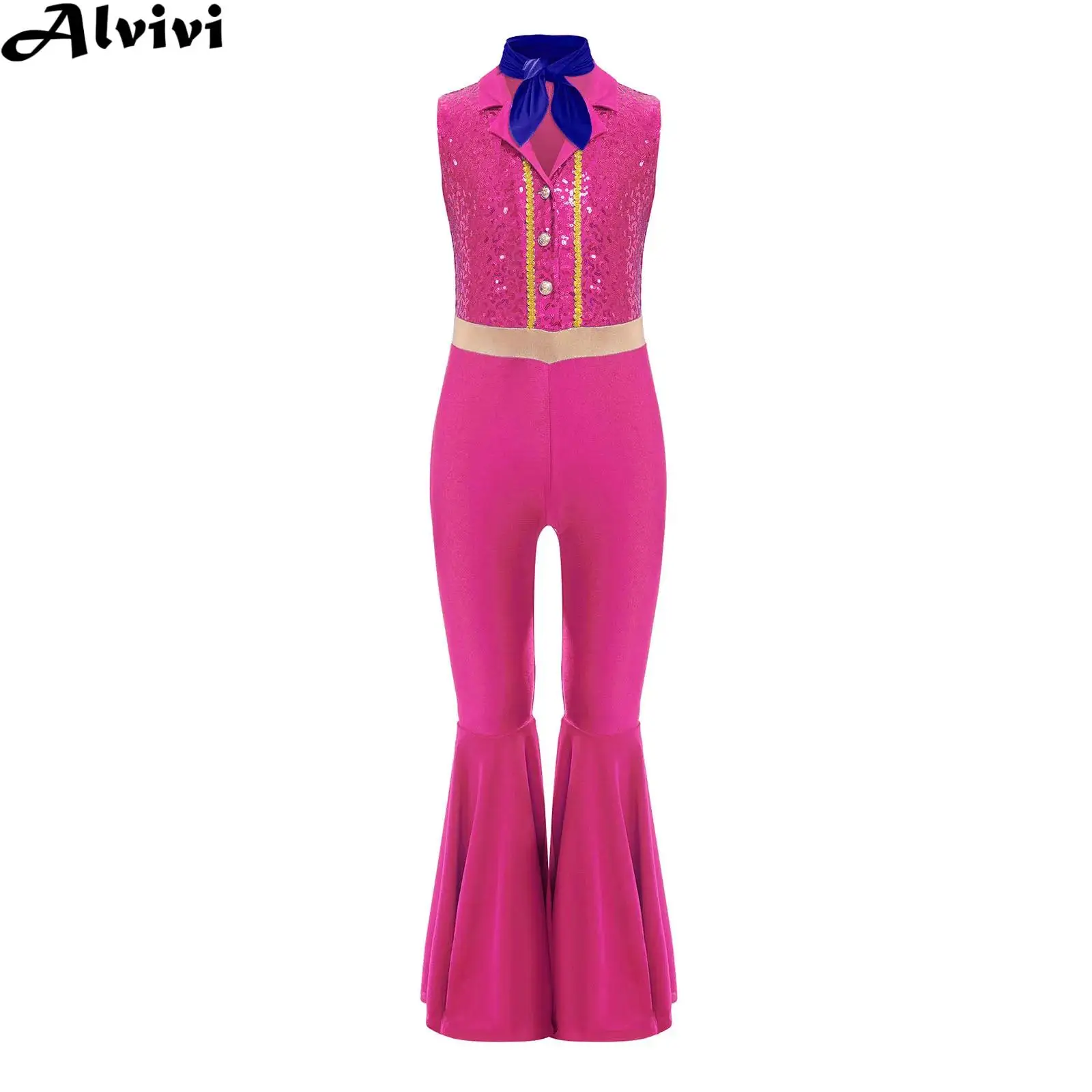 Children Girls Jazz Dance Jumpsuit Ballet Skating Gymnastics Leotard Sleeveless Shiny Sequins Lapel Flare Bodysuit with Scarf