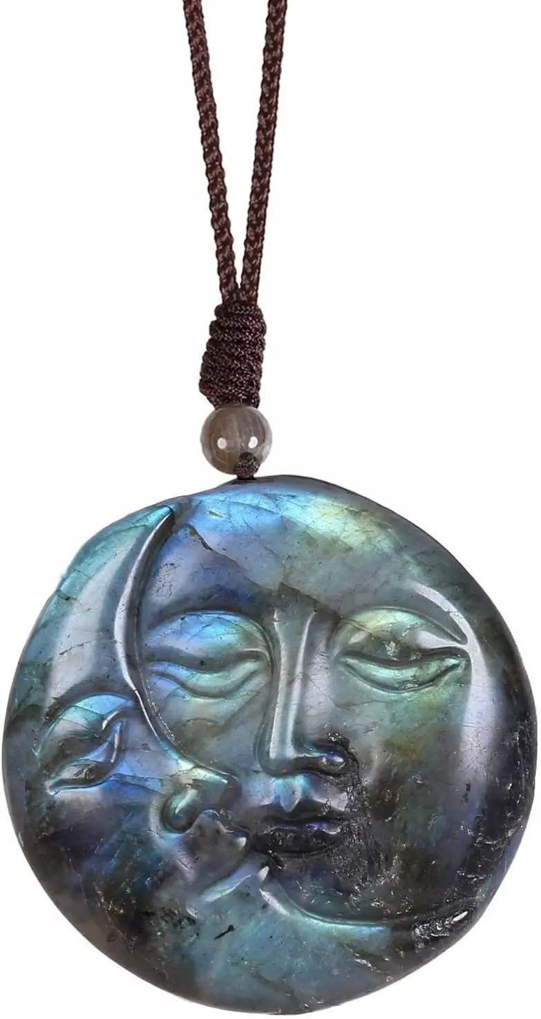 

Natural Labradorite Pendant Necklace for Unisex Handcrafted Crystal Stone Amulet Necklace with Adjustable Cord